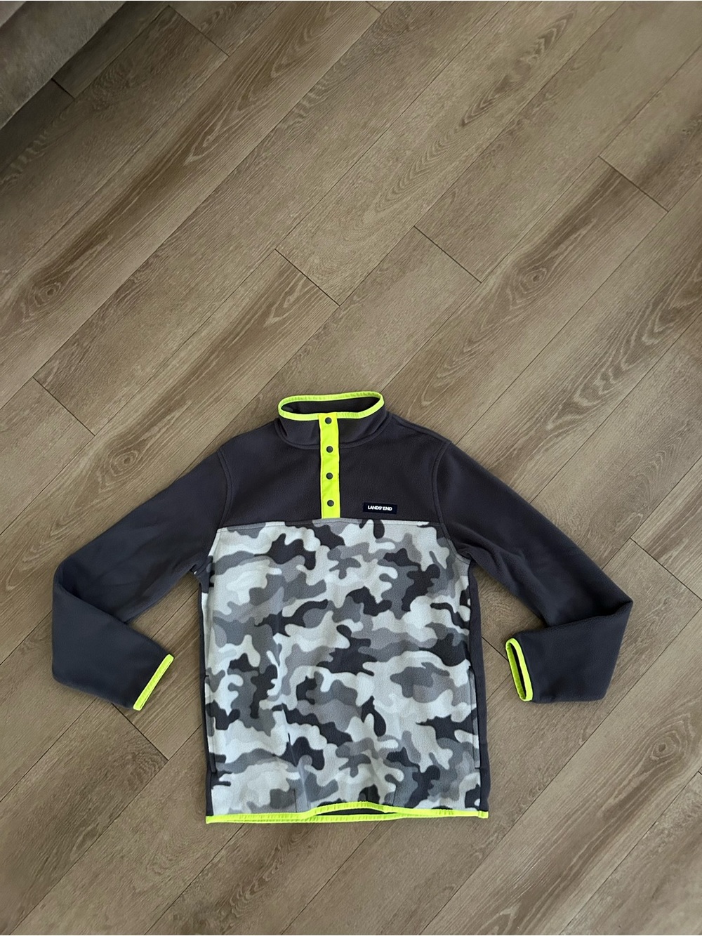 Lands' End Kids Gray Camo Swim Rash Guard with Neon Yellow Trim
